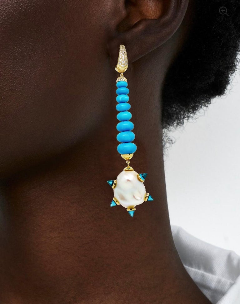 Baroque Pearl Diamond Turquoise Drop Earrings, London Blue Topaz, 18k ...