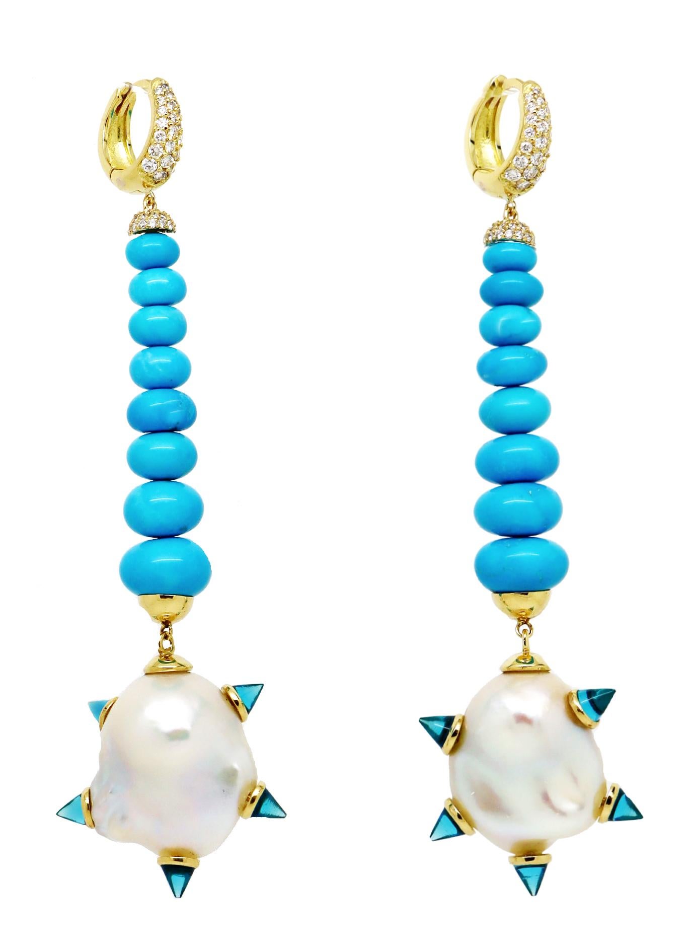 Boucles d'oreilles en goutte en or 18 carats, perles baroques, diamants et turquoises, topaze bleue de Londres