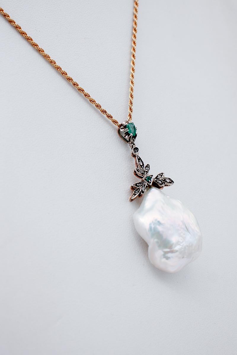 Retro Baroque Pearl, Diamonds, Emeralds, 9kt Rose Gold and Silver Pendant Necklace