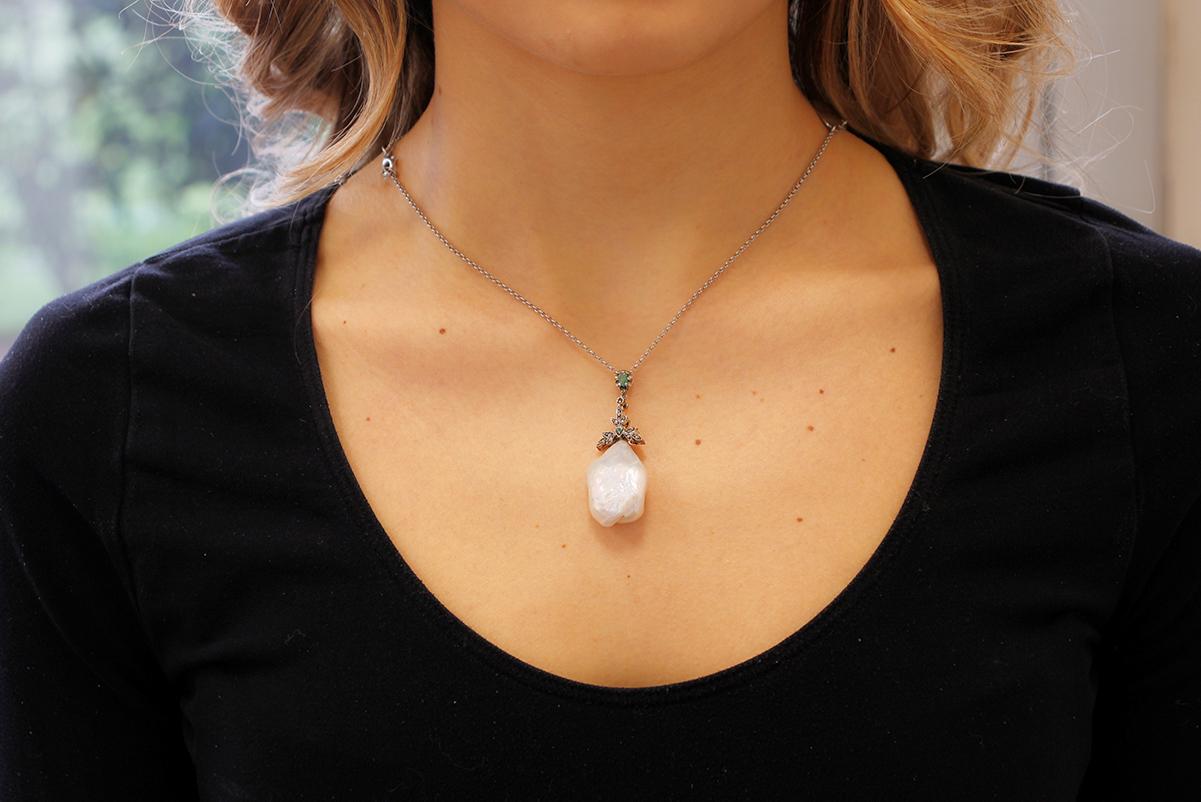Mixed Cut Baroque Pearl, Diamonds, Emeralds, 9kt Rose Gold and Silver Pendant Necklace