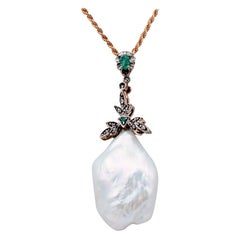 Baroque Pearl, Diamonds, Emeralds, 9kt Rose Gold and Silver Pendant Necklace