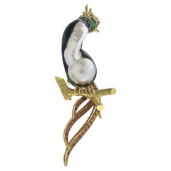 18k Gold Bird of Paradise Brooch with Baroque Pearl, Diamonds & Rubies
