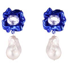 Baroque Pearl Drop Crystal Earrings in Metallic Blue by Sterling King