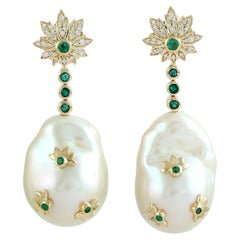 Baroque Pearl Earrings With Emerald & Diamonds In 18k Gold