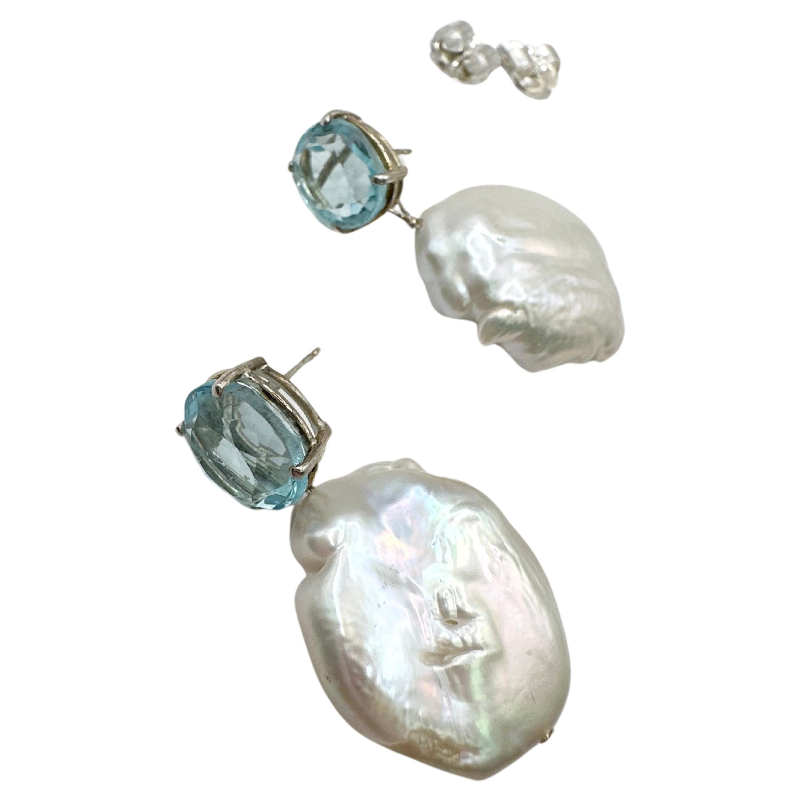 Baroque pearl earrings with topaz in silver 925 For Sale