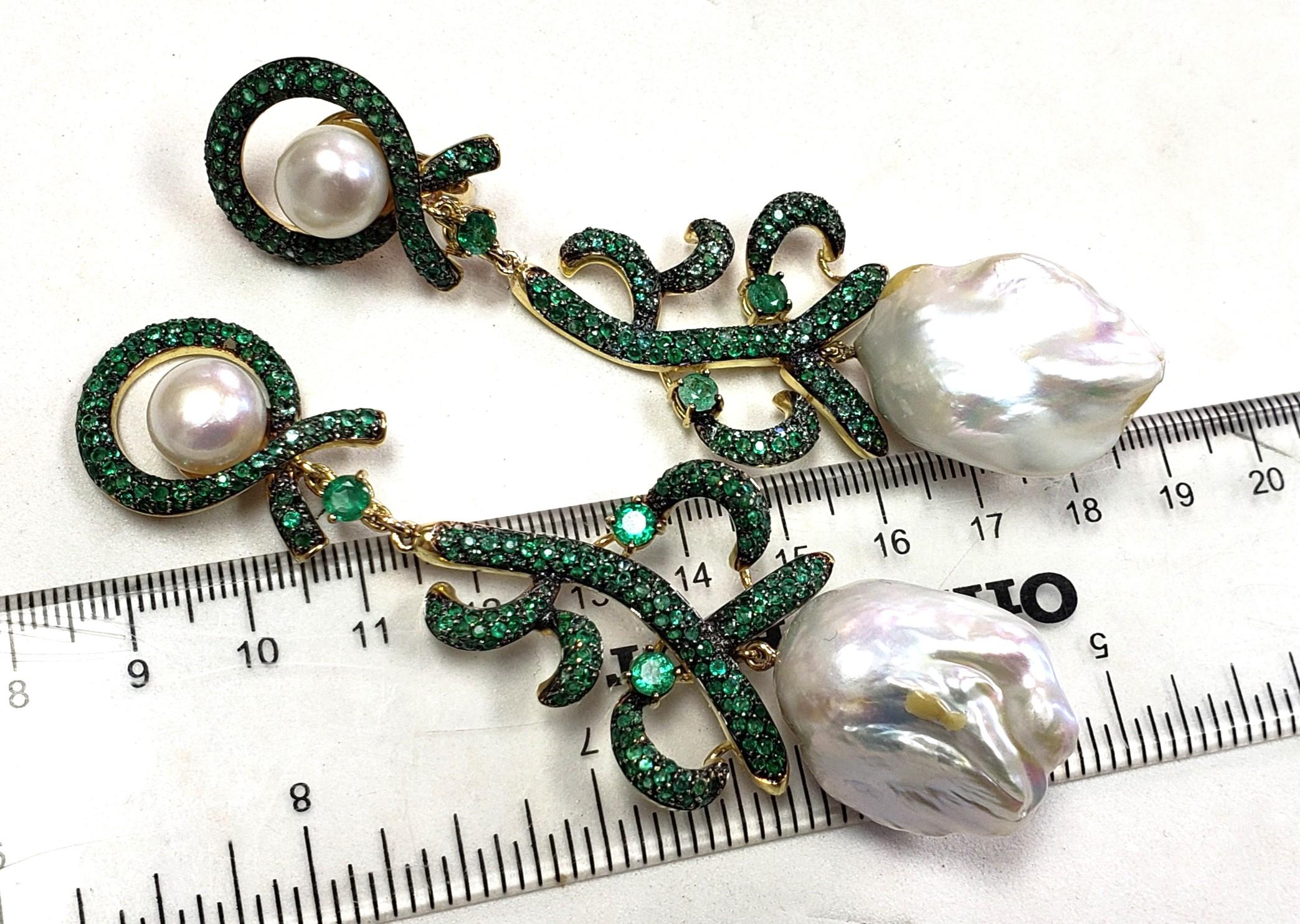 Baroque Pearl Emerald Dangling Earrings 18K 3.5