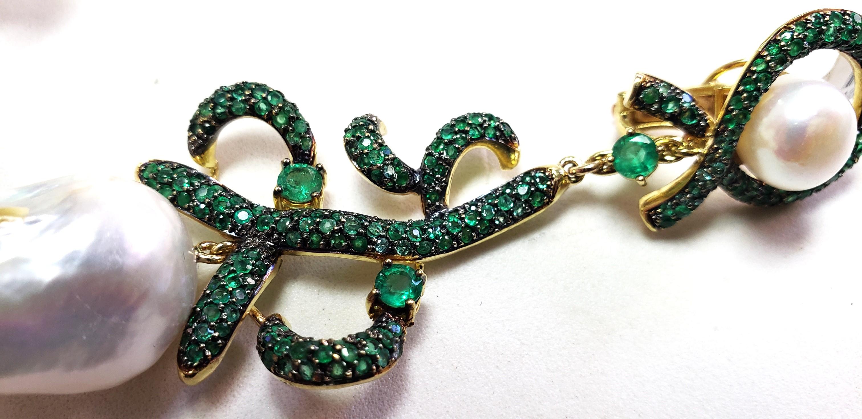 Baroque Pearl Emerald Dangling Earrings 18K 3.5