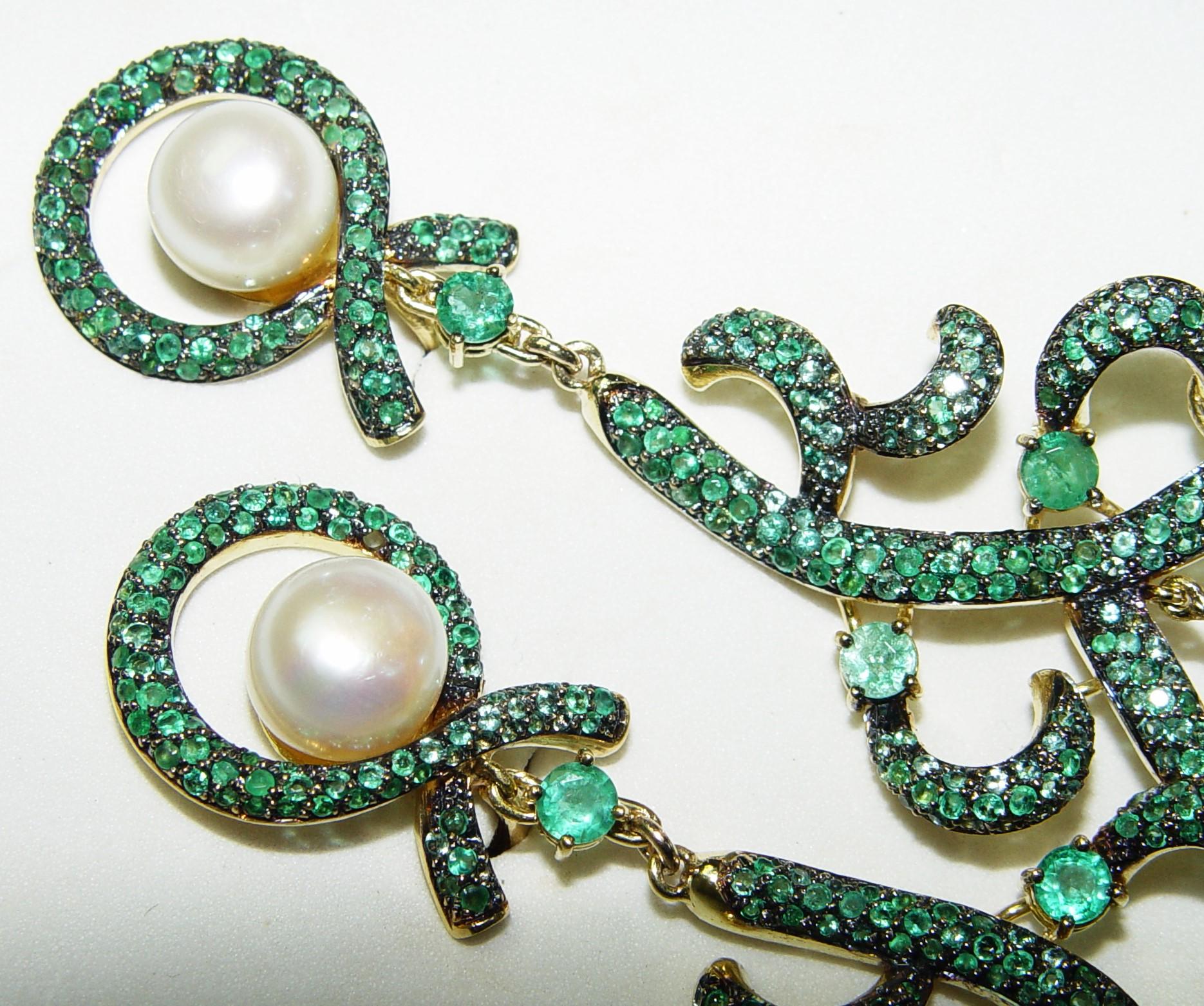 Modern Baroque Pearl Emerald Dangling Earrings 18K 3.5