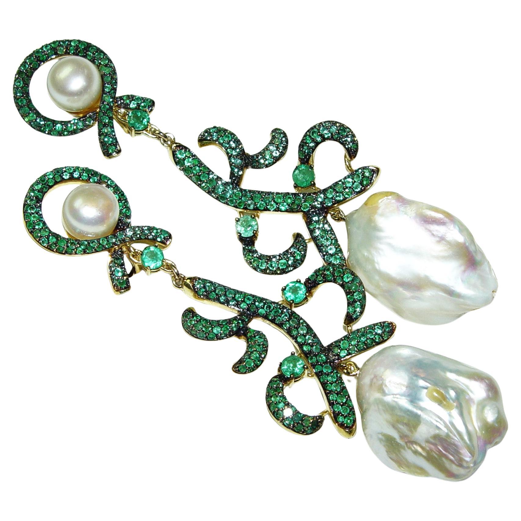 Baroque Pearl Emerald Dangling Earrings 18K 3.5" long For Sale