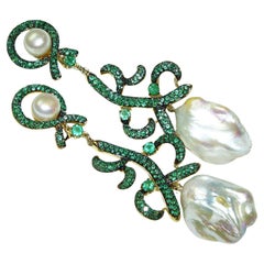 Baroque Pearl Emerald Dangling Earrings 18K 3.5" long