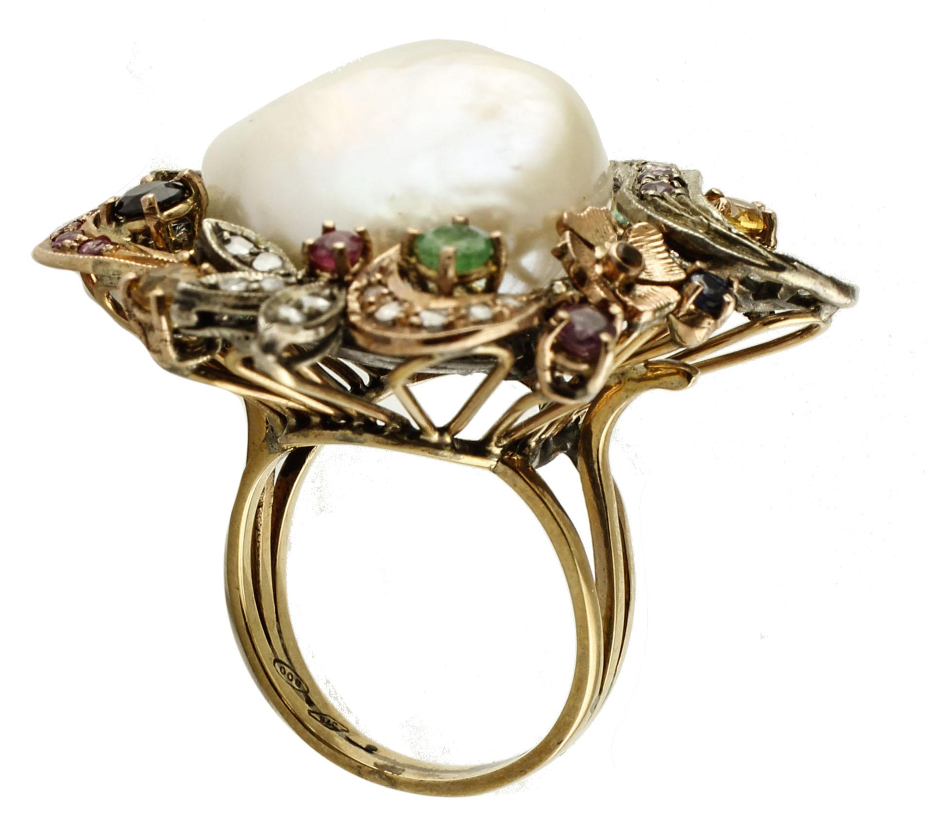 Mixed Cut Baroque Pearl, Emeralds, Rubies, Sapphires, 9 Karat Gold and Silver Retro Ring