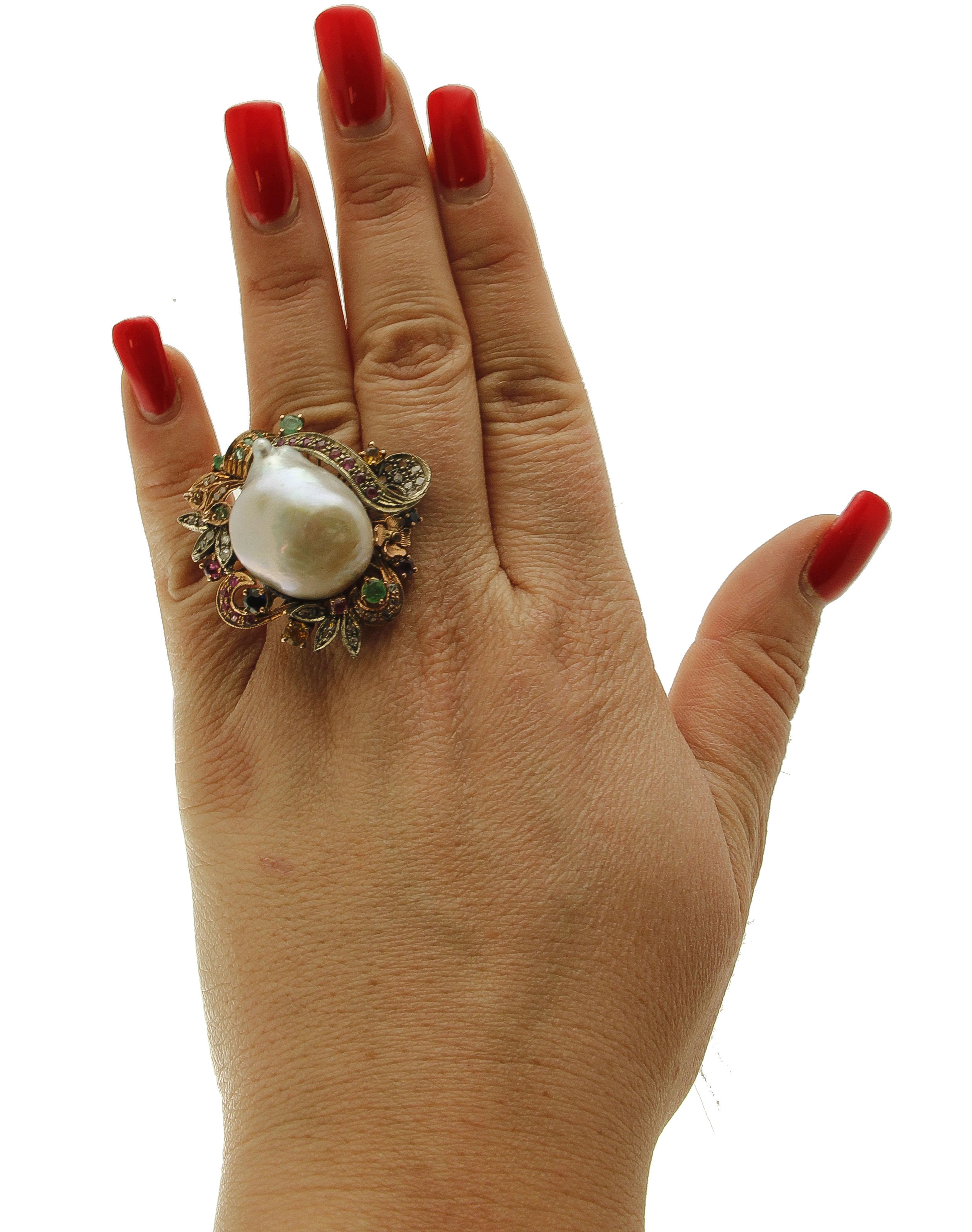 Women's Baroque Pearl, Emeralds, Rubies, Sapphires, 9 Karat Gold and Silver Retro Ring