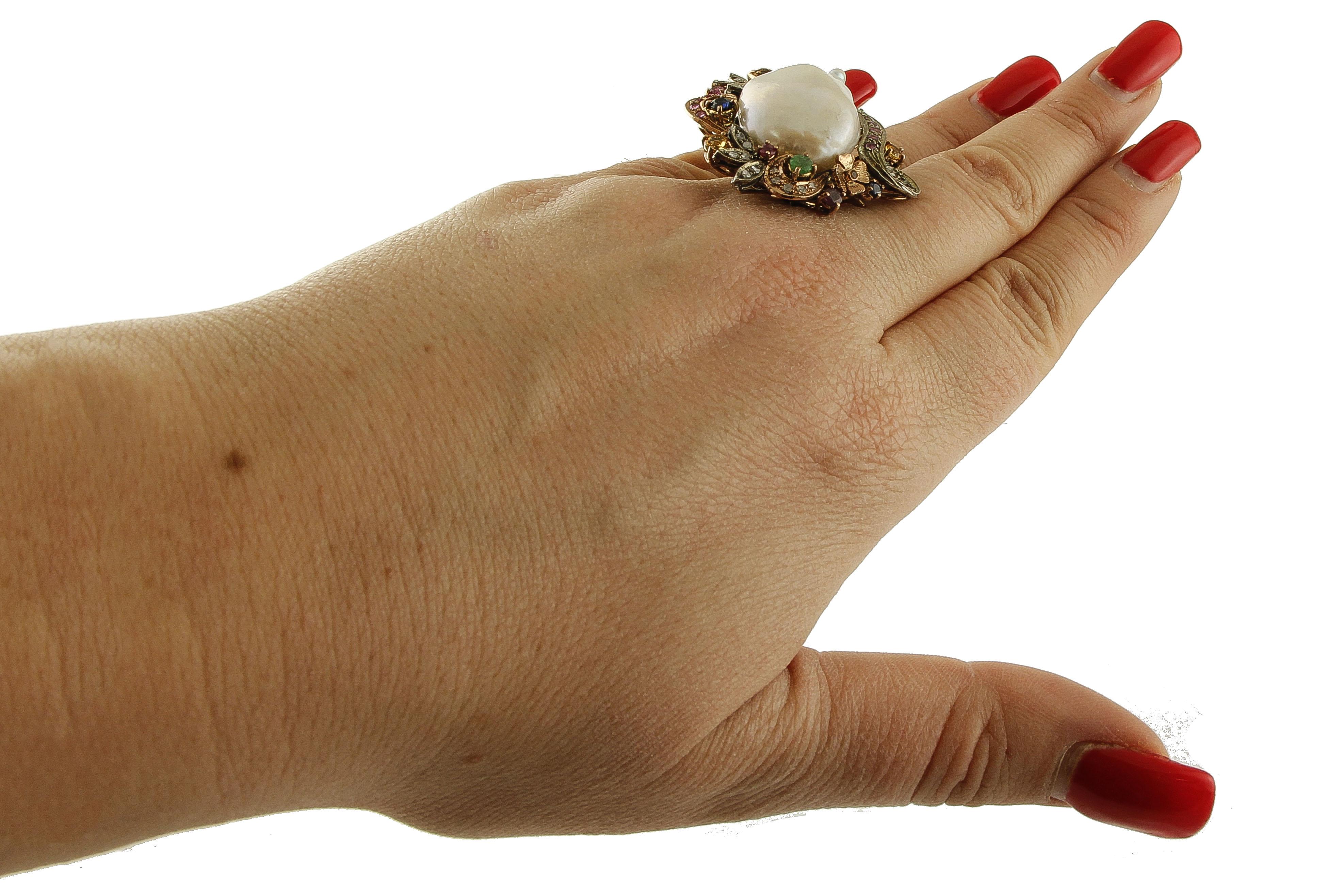 Baroque Pearl, Emeralds, Rubies, Sapphires, 9 Karat Gold and Silver Retro Ring 1