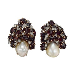 Baroque Pearl, Garnet & Diamond Earclips
