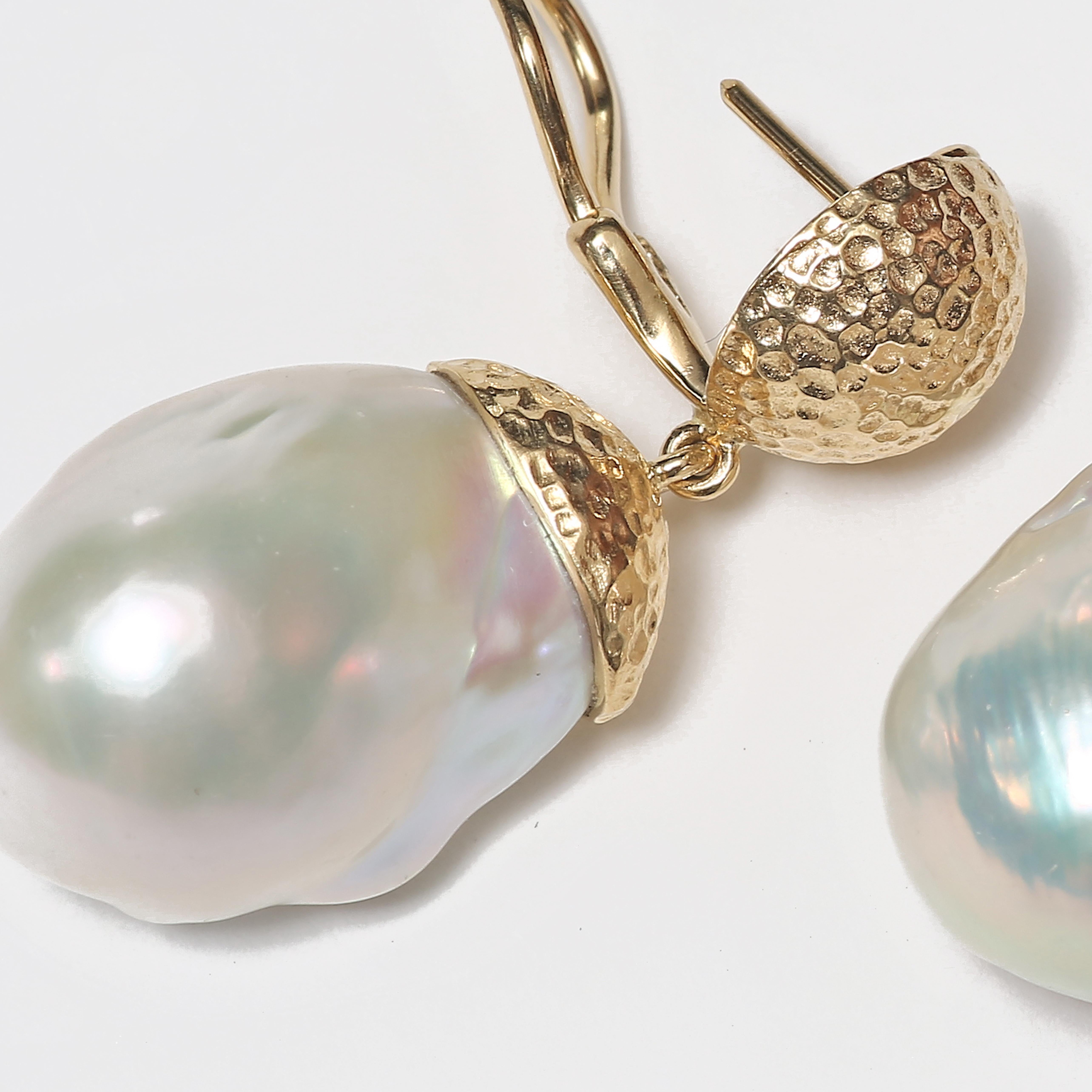 Contemporary Baroque Pearl Hand-Hammered Clip-On Gold Earrings For Sale