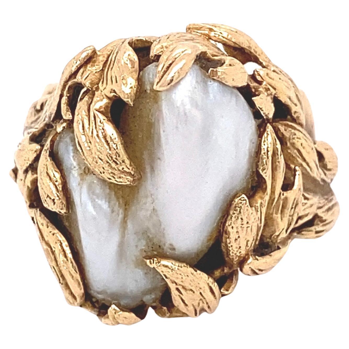 Baroque Pearl in Gold Leaves Cocktail Ring Estate Fine Jewelry