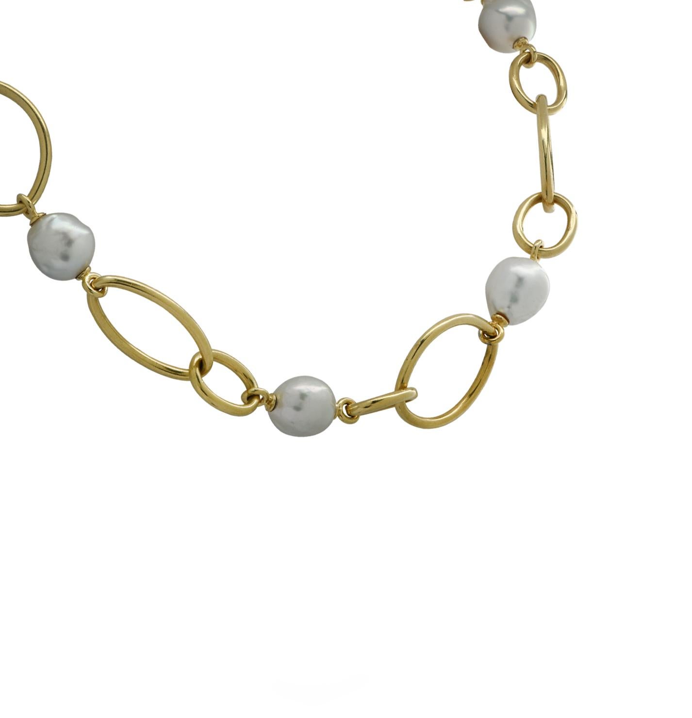 Modern Baroque Pearl Marquise and Oval Yellow Gold Link Necklace