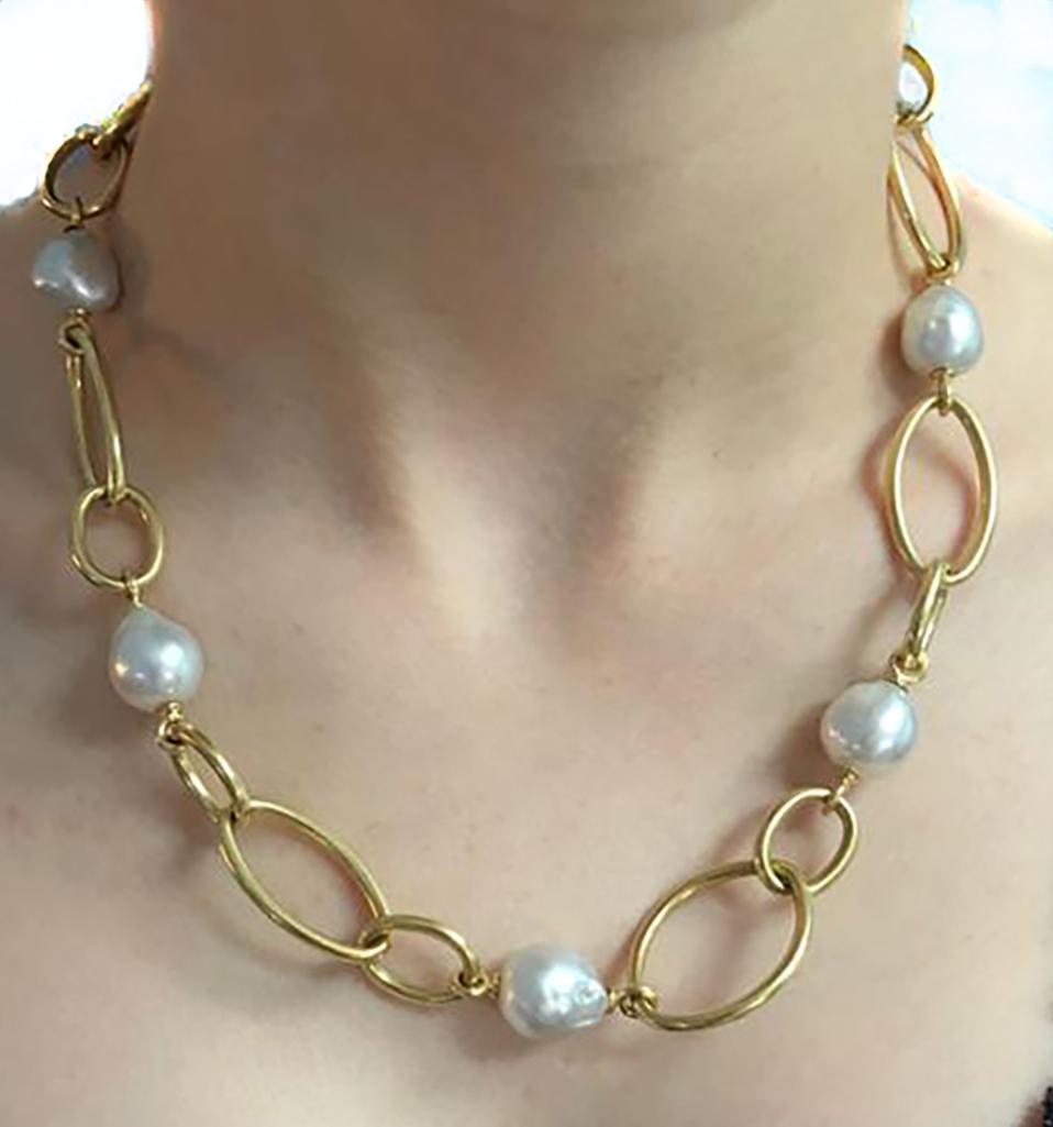 Uncut Baroque Pearl Marquise and Oval Yellow Gold Link Necklace