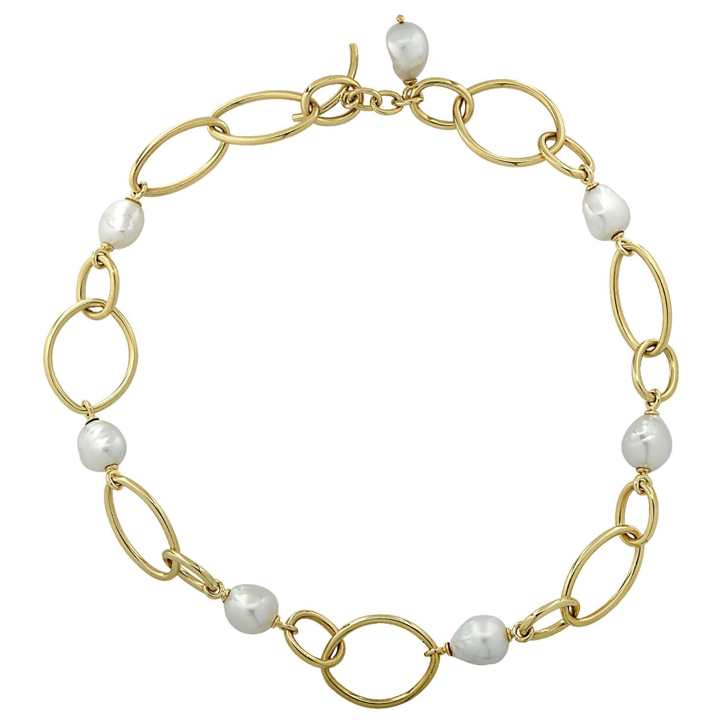 Baroque Pearl Marquise and Oval Yellow Gold Link Necklace