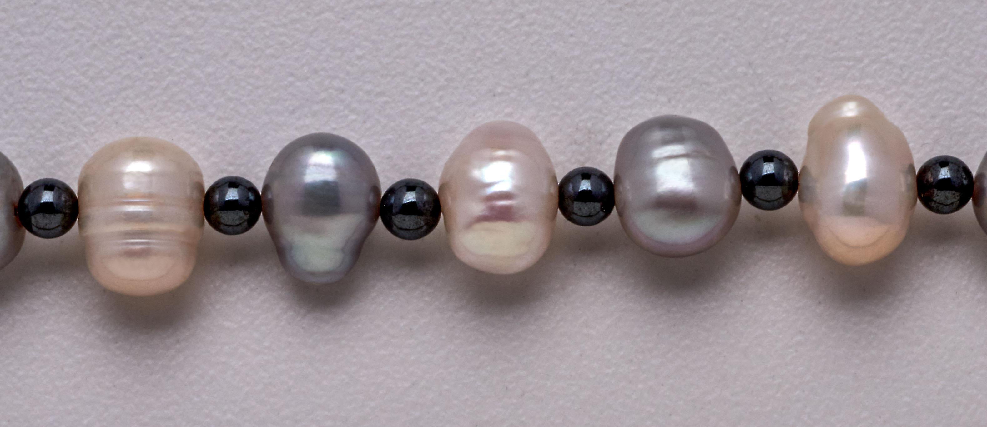Women's Baroque Pearl Necklace w Gray Hematite Beads & Sterling Silver & Diamond Clasp