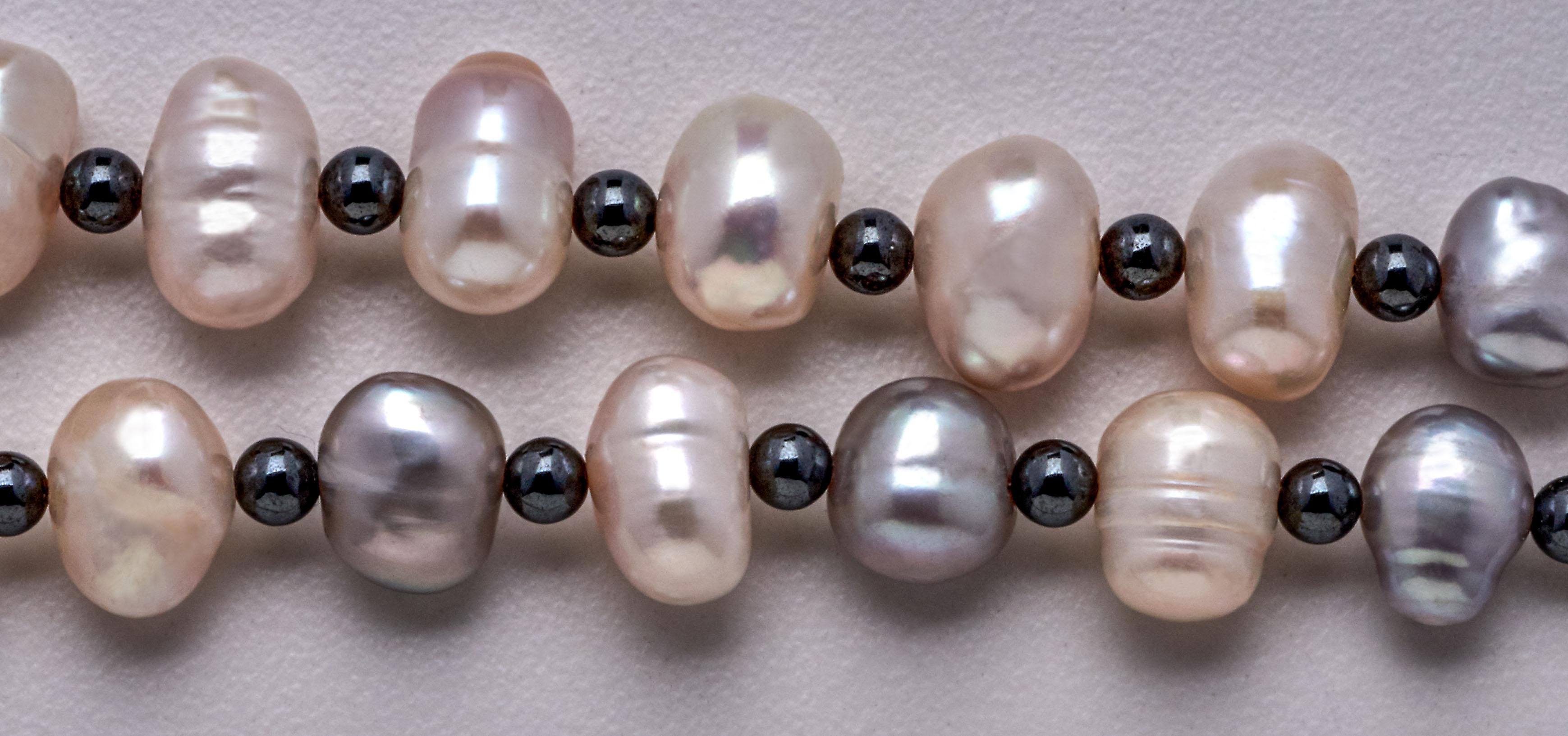 Baroque Pearl Necklace w Gray Hematite Beads & Sterling Silver & Diamond Clasp 1