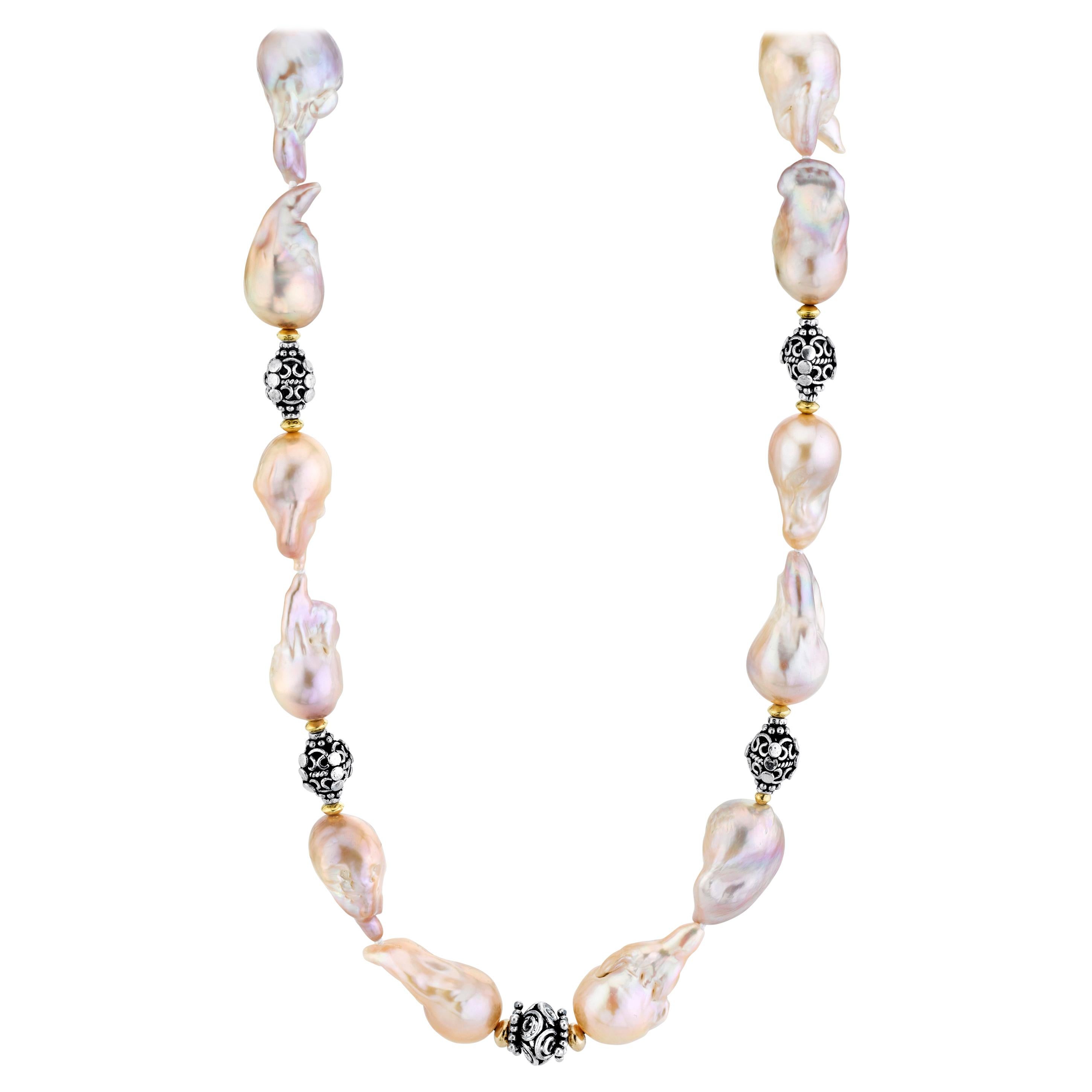 Baroque Pearl Necklace with Silver, 18k and 22k Yellow Gold Accents and Clasp