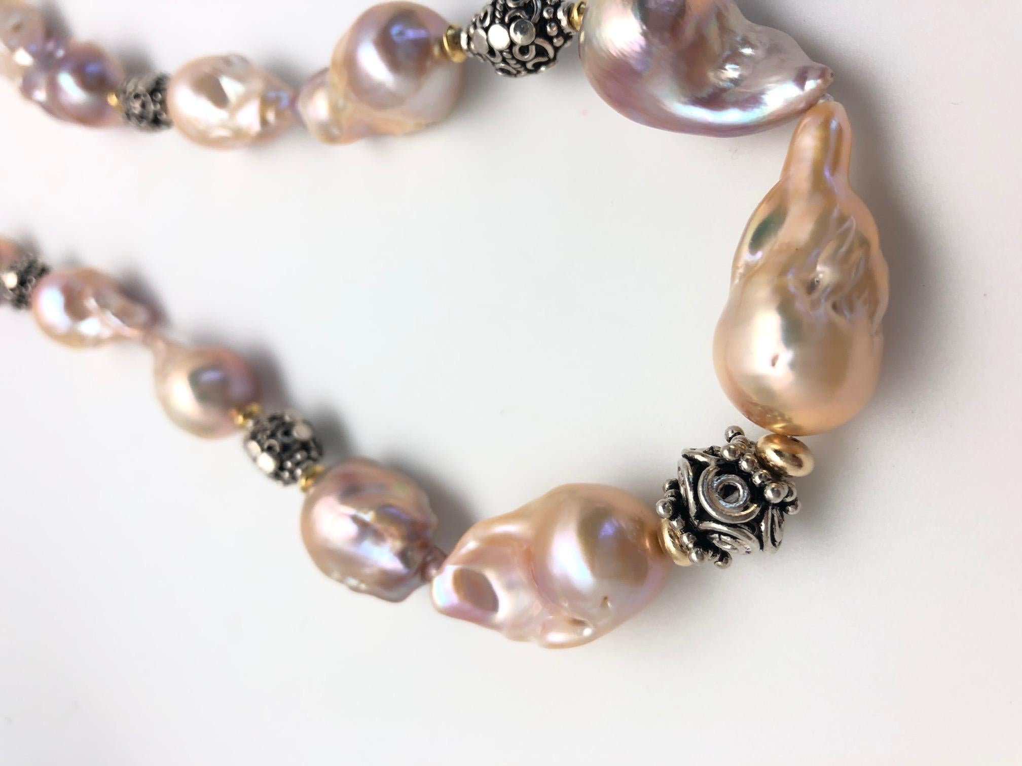 Artisan Baroque Pearl Necklace with Silver, 18k and 22k Yellow Gold Accents and Clasp