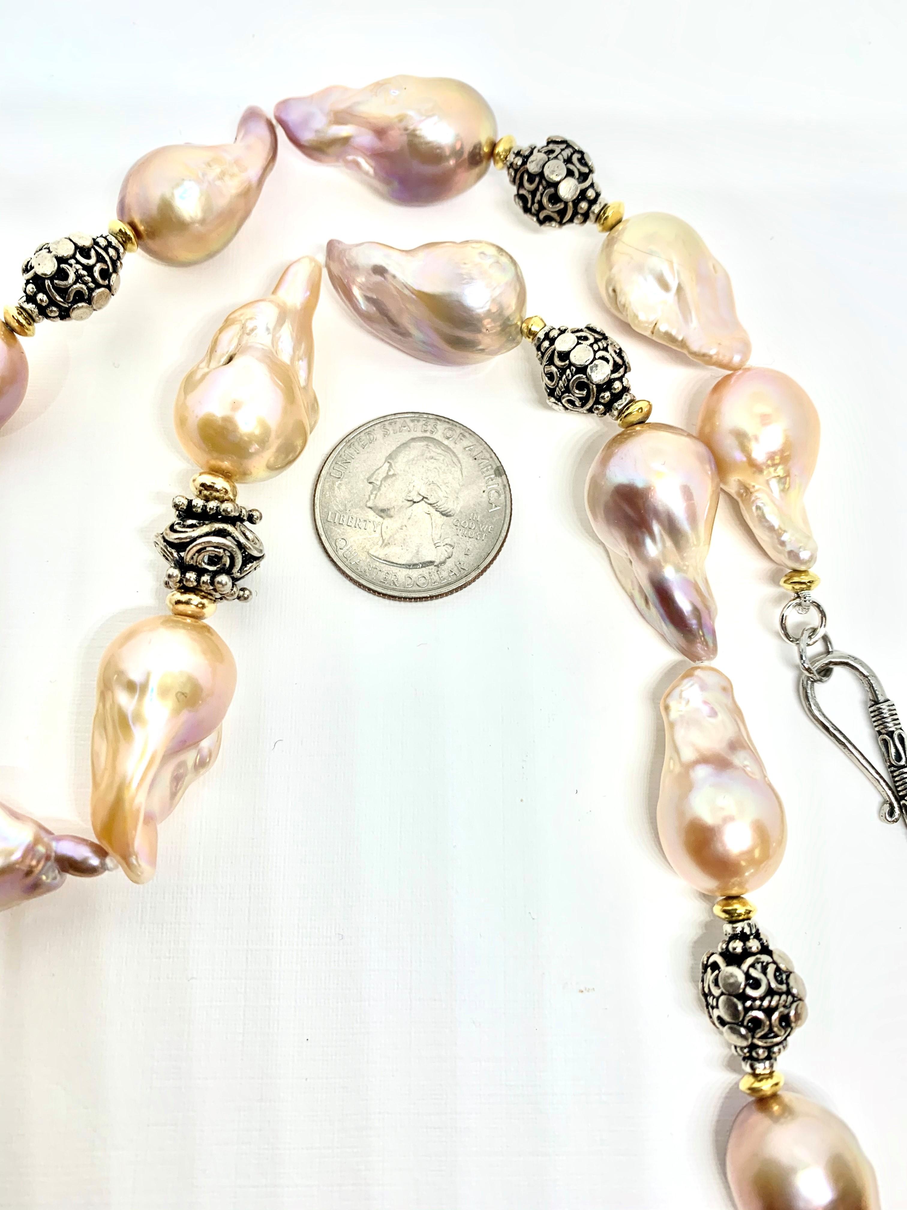 Bead Baroque Pearl Necklace with Silver, 18k and 22k Yellow Gold Accents and Clasp