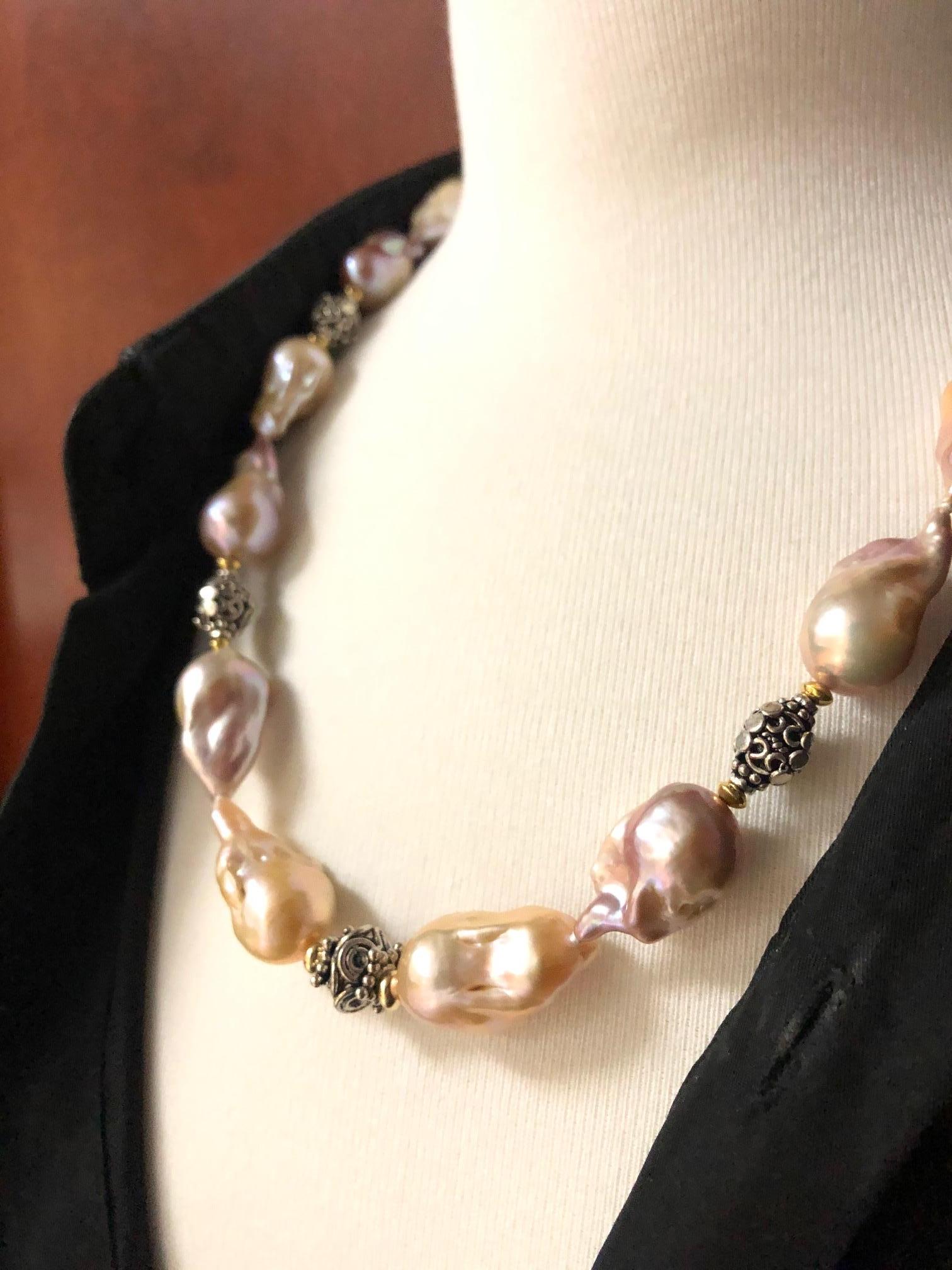 Baroque Pearl Necklace with Silver, 18k and 22k Yellow Gold Accents and Clasp 1