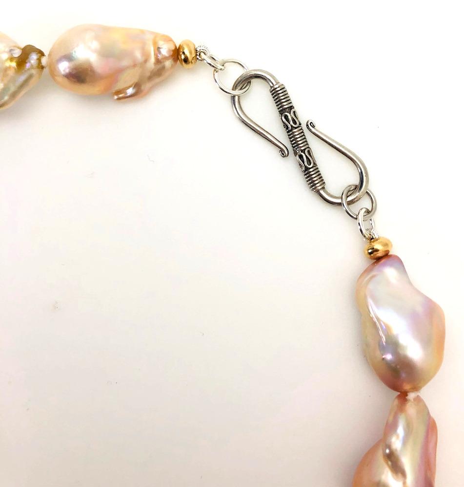 Artisan Golden Peach Baroque Pearl Choker Necklace w/ Silver & 18k Yellow Gold Accents