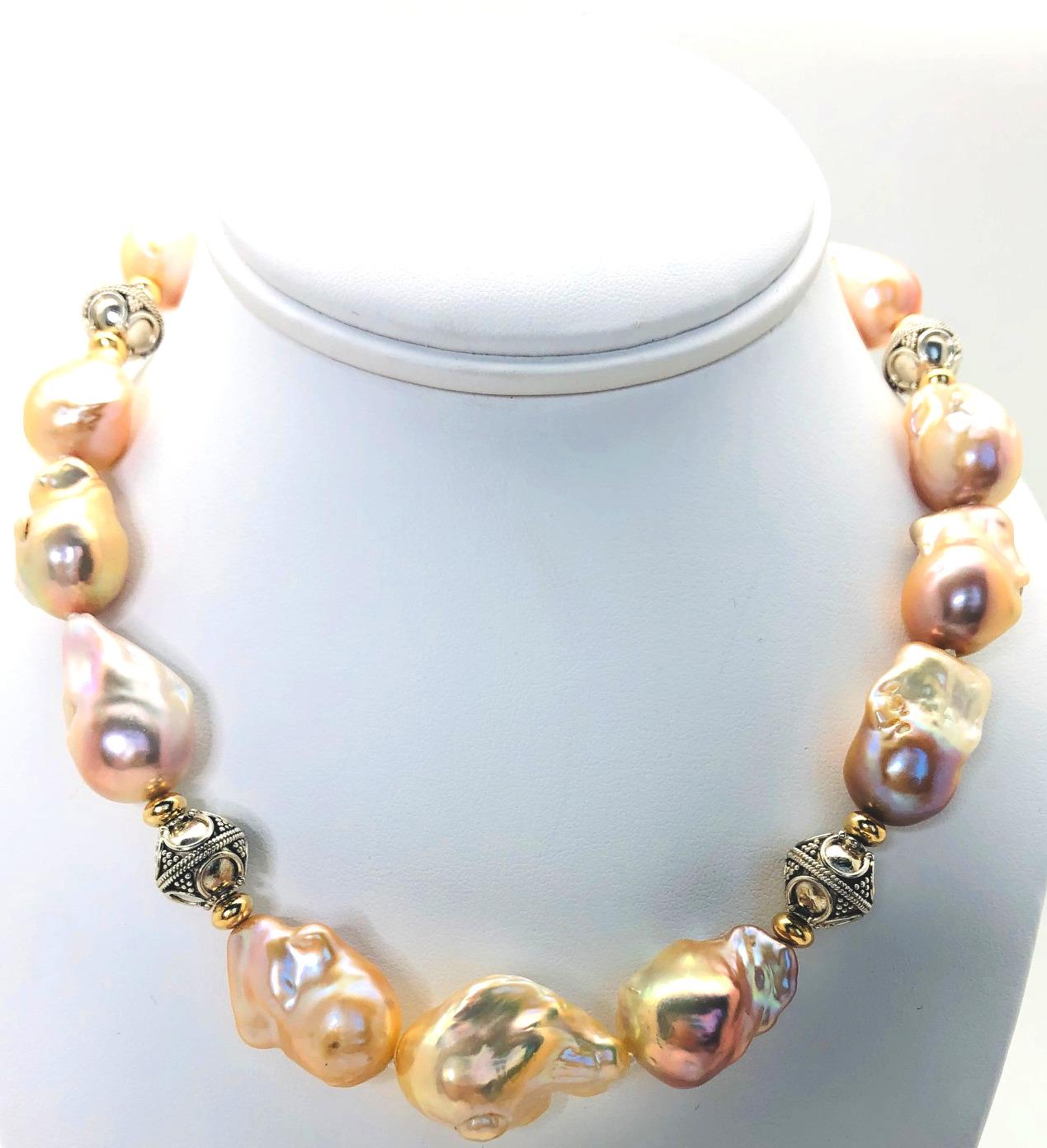 Bead Golden Peach Baroque Pearl Choker Necklace w/ Silver & 18k Yellow Gold Accents