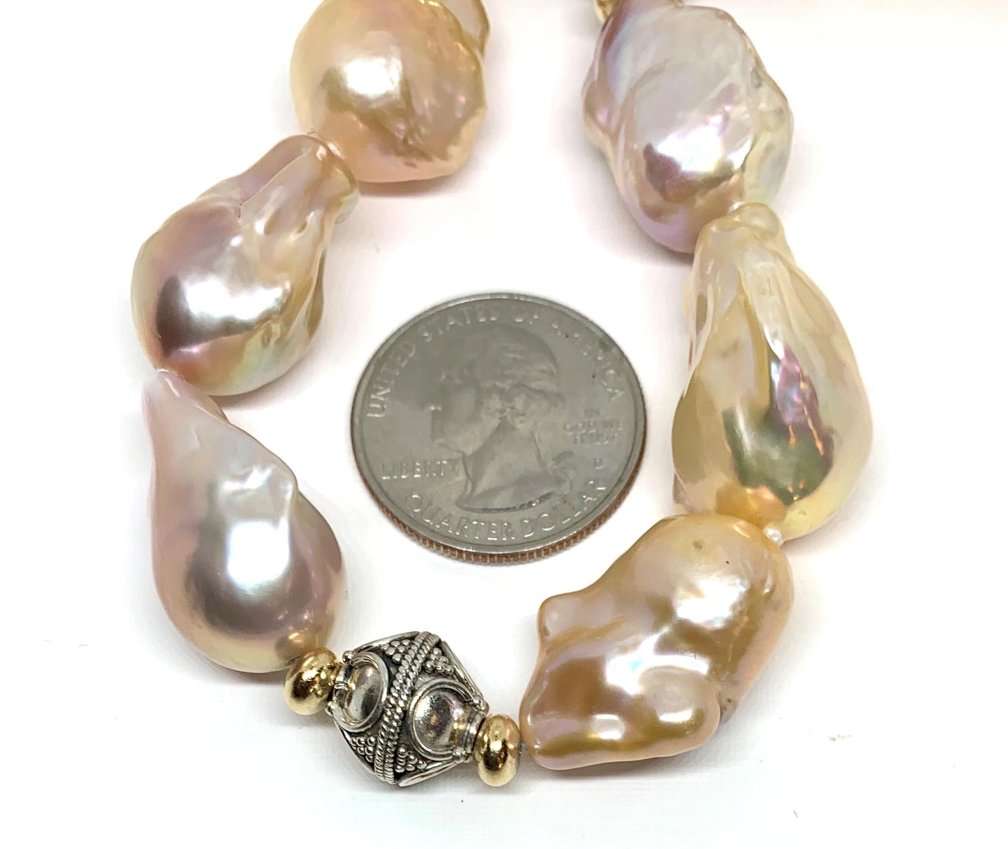Golden Peach Baroque Pearl Choker Necklace w/ Silver & 18k Yellow Gold Accents In New Condition In Los Angeles, CA