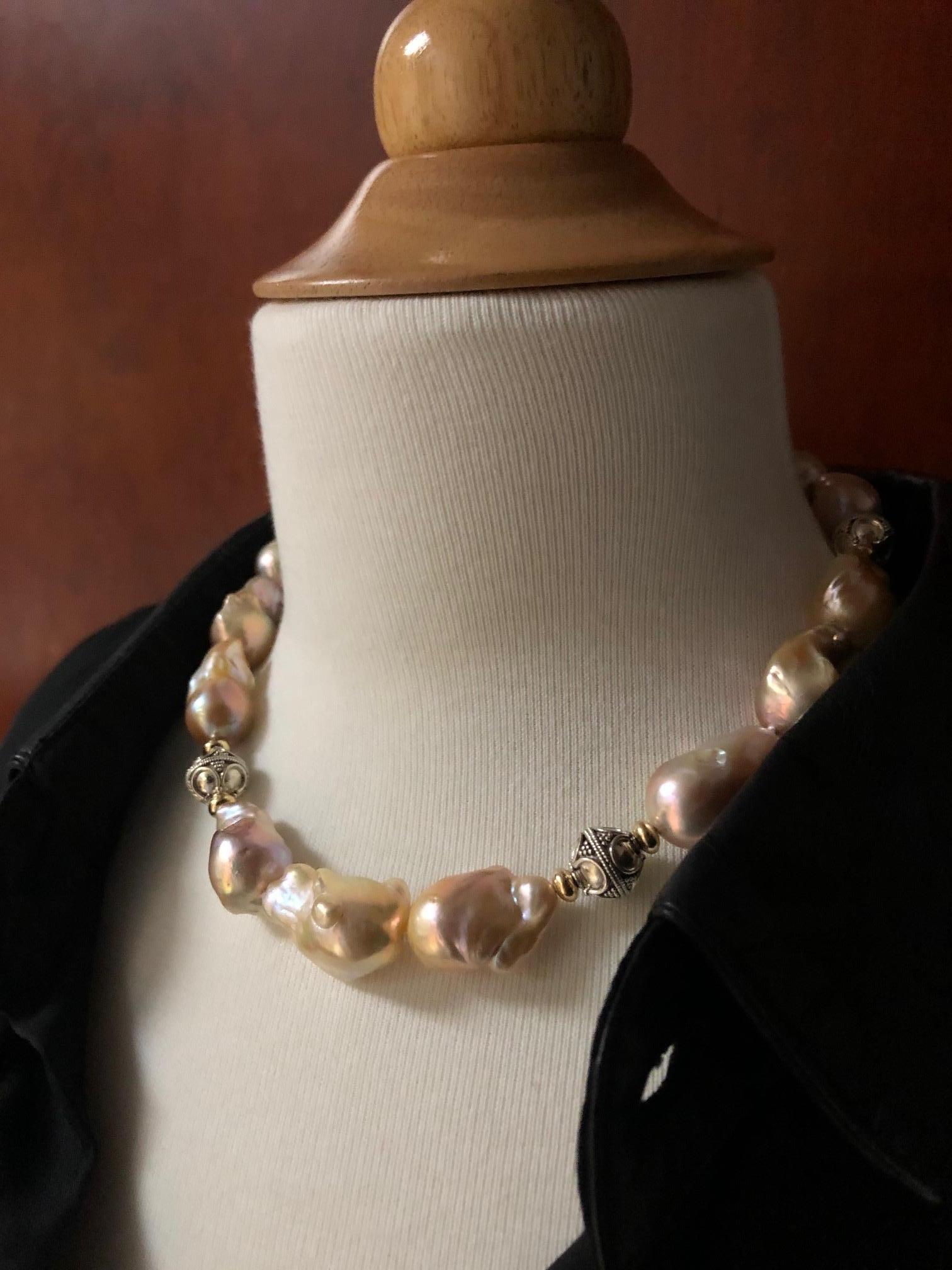 Women's Golden Peach Baroque Pearl Choker Necklace w/ Silver & 18k Yellow Gold Accents