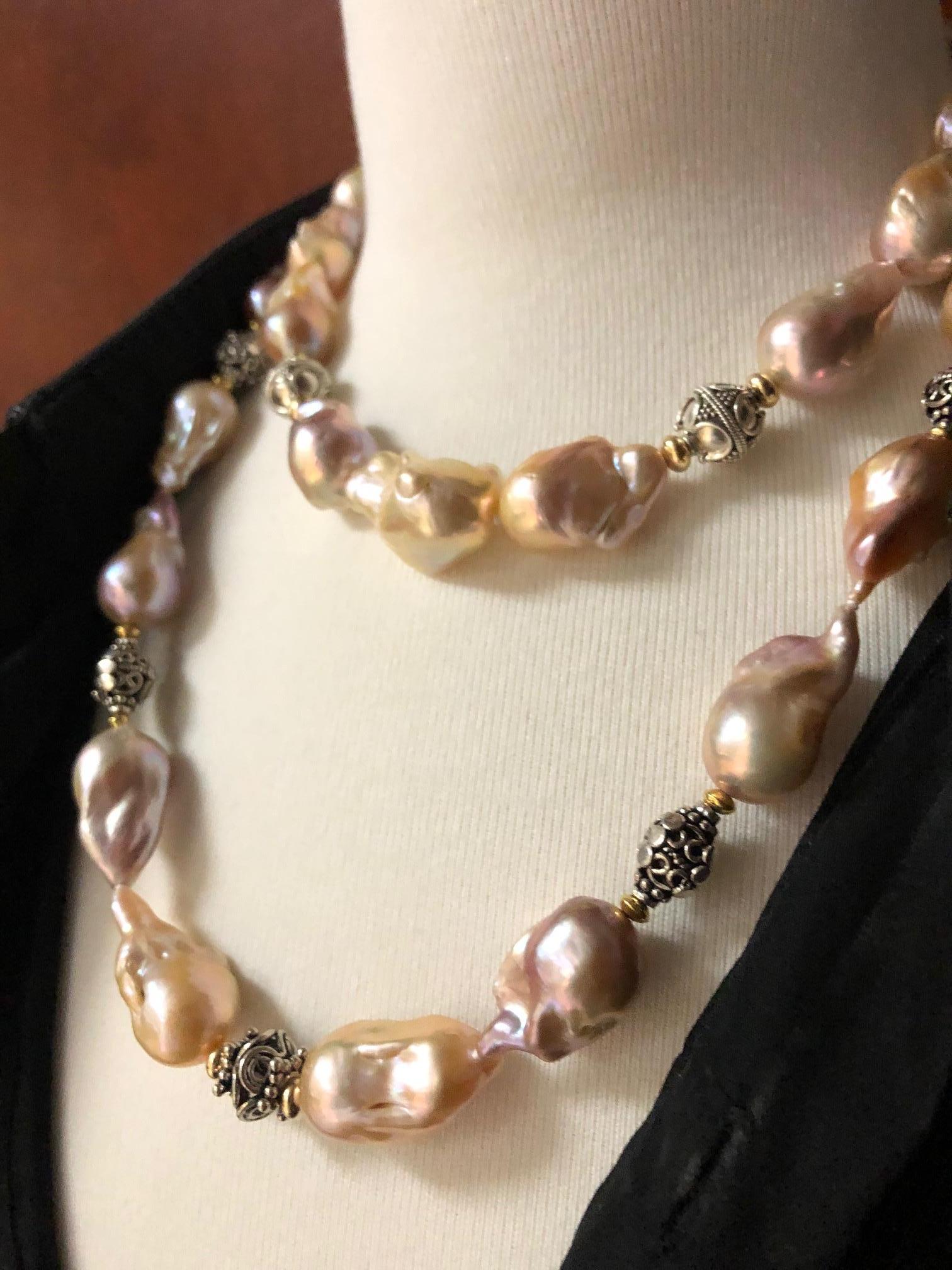 Golden Peach Baroque Pearl Choker Necklace w/ Silver & 18k Yellow Gold Accents 1