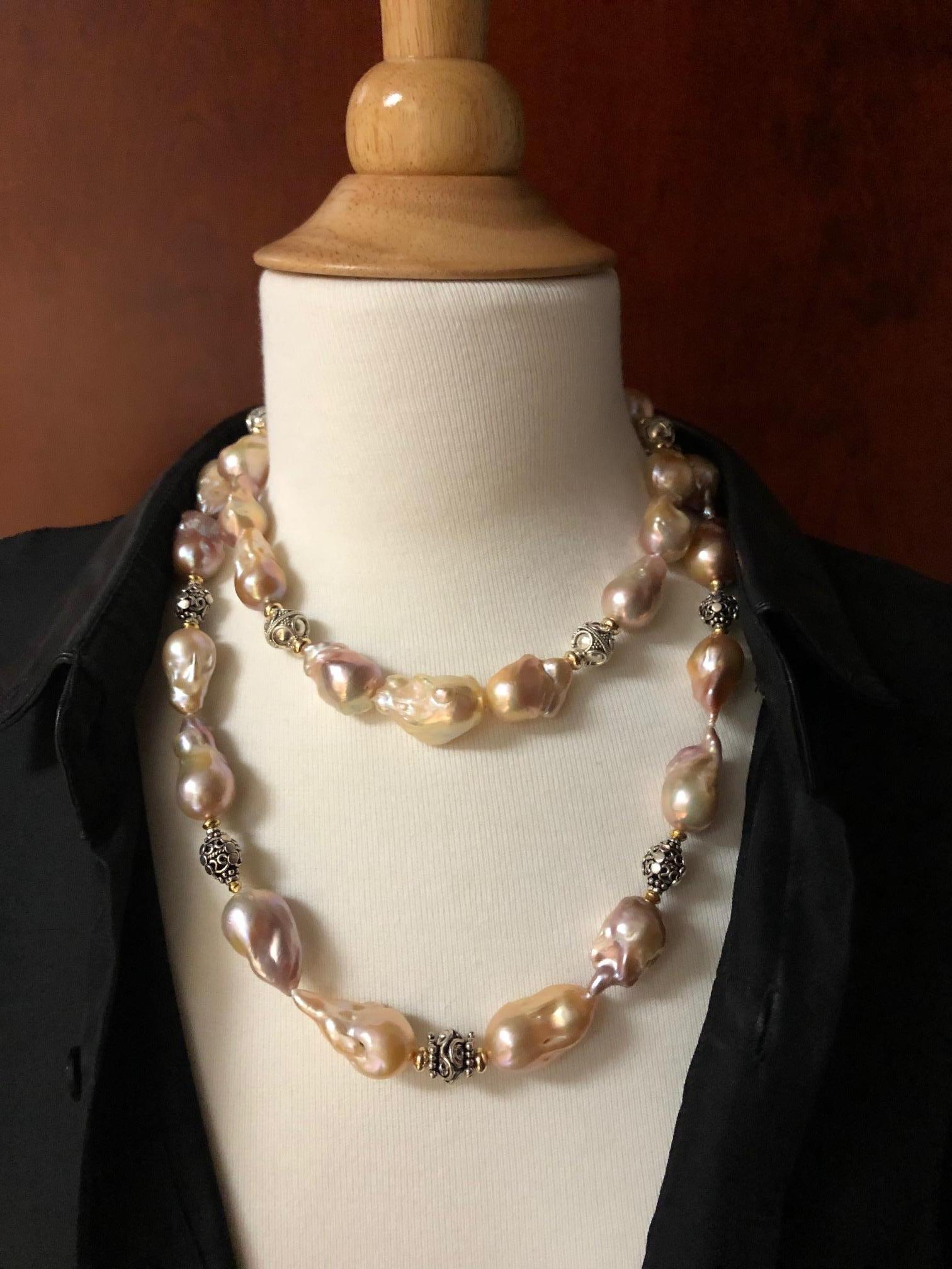 Golden Peach Baroque Pearl Choker Necklace w/ Silver & 18k Yellow Gold Accents 2