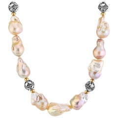 Golden Peach Baroque Pearl Choker Necklace w/ Silver & 18k Yellow Gold Accents