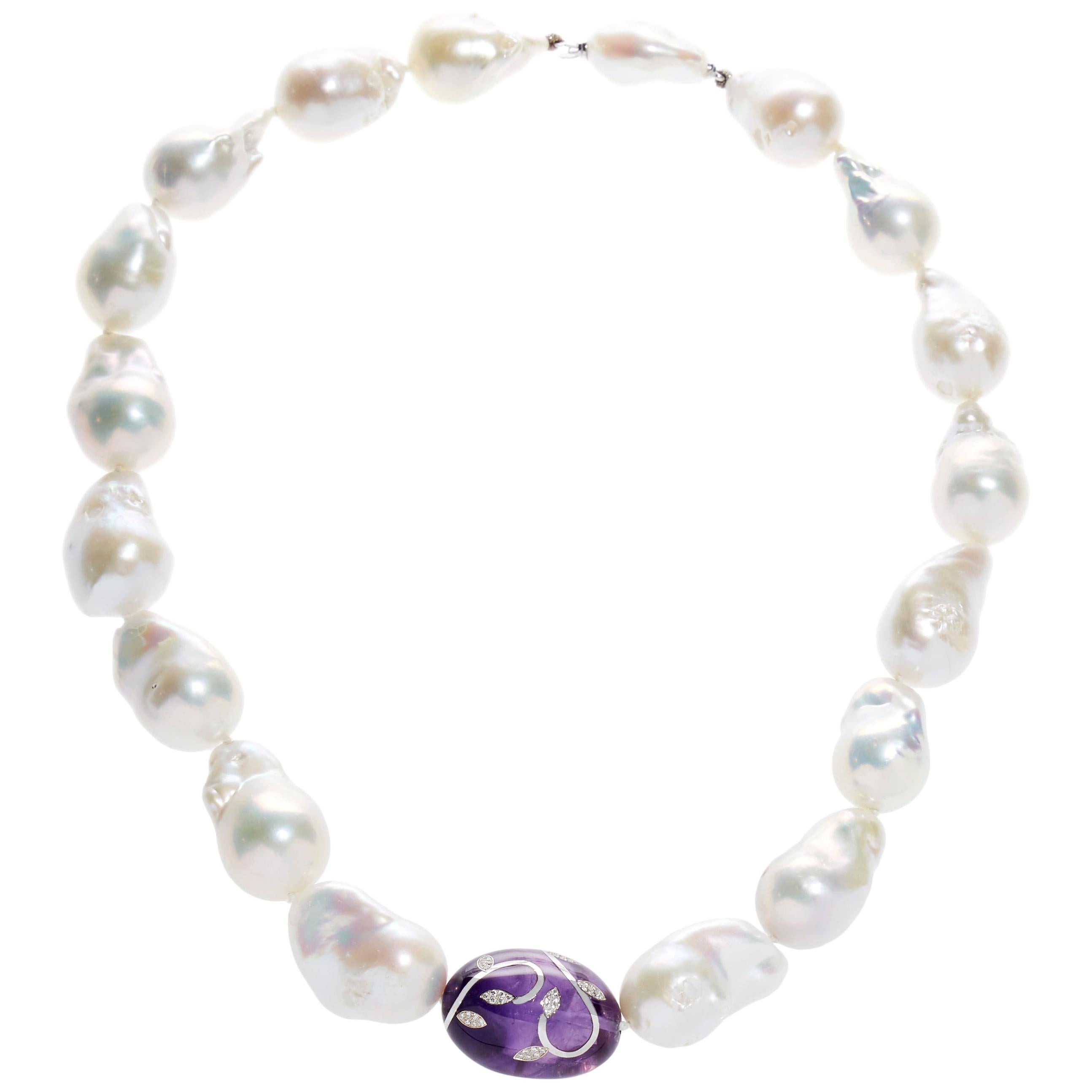 Baroque Pearl Necklace with Large Amethyst Bead in White Gold Inlay and Diamonds