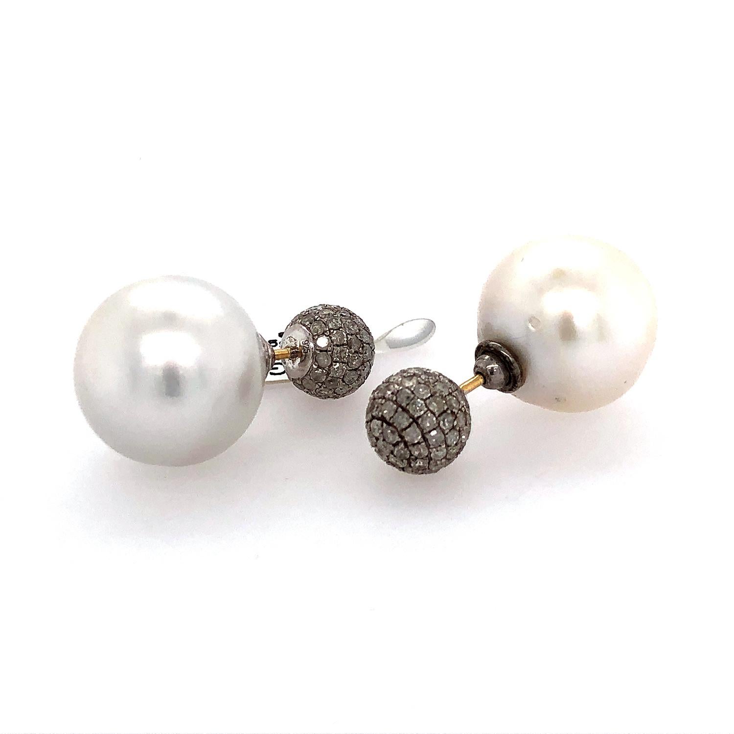 Art Nouveau South Sea Pearl & Pave Diamond Tunnel Earring Made in 18k Gold & Silver For Sale