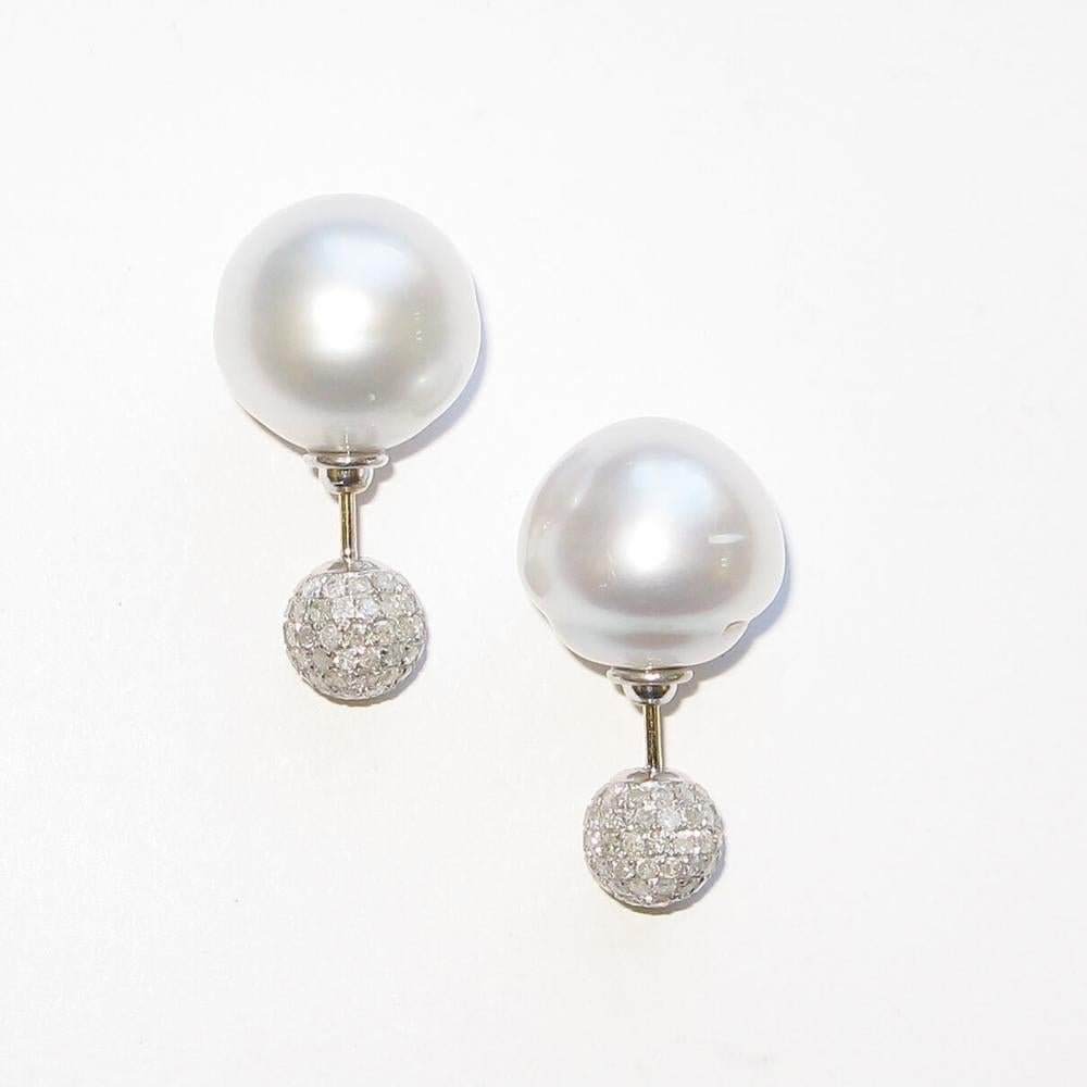 Women's South Sea Pearl & Pave Diamond Tunnel Earring Made in 18k Gold & Silver For Sale