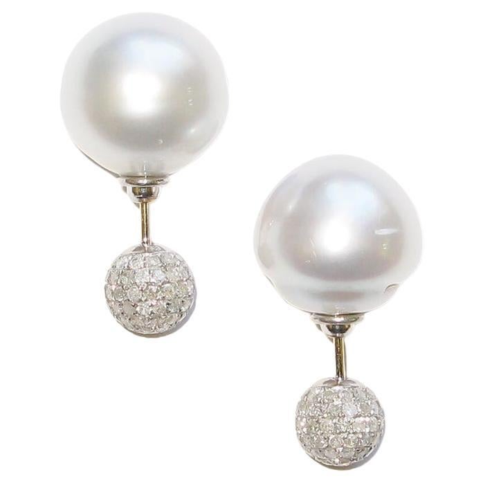 South Sea Pearl & Pave Diamond Tunnel Earring Made in 18k Gold & Silver For Sale