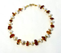 Baroque Pearl & Raw Baltic Amber Necklace with Granulated Indian Brass- 50g