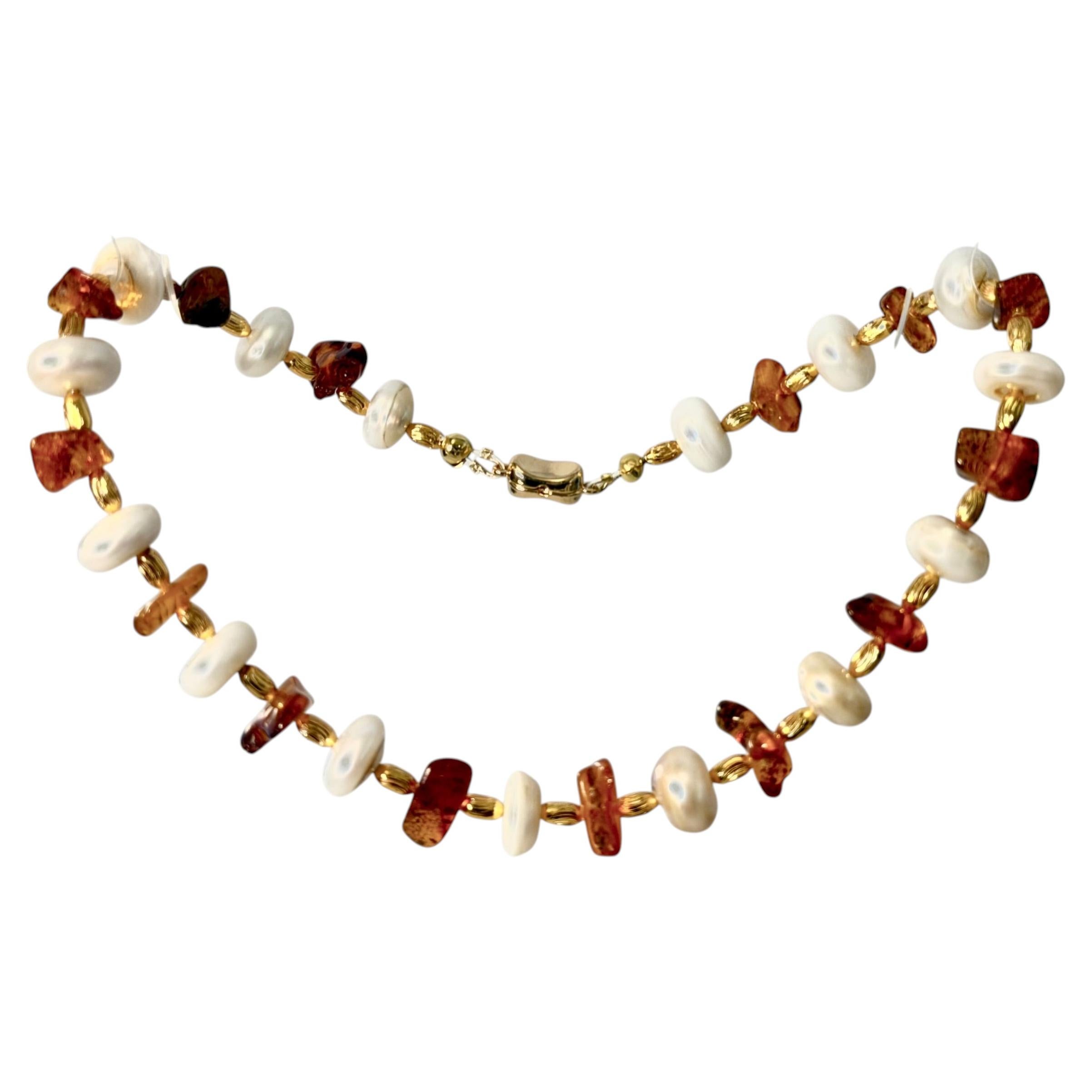Baroque Pearl & Raw Baltic Amber Necklace with Granulated Indian Brass- 50g For Sale