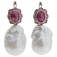 Baroque Pearl, Rubies, Diamonds, Rose Gold and Silver Earrings.