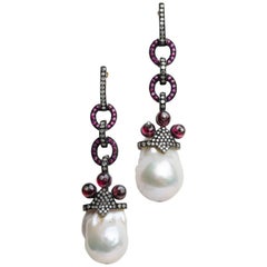 Baroque Pearl, Ruby and Diamond Dangle Rhodium Earrings