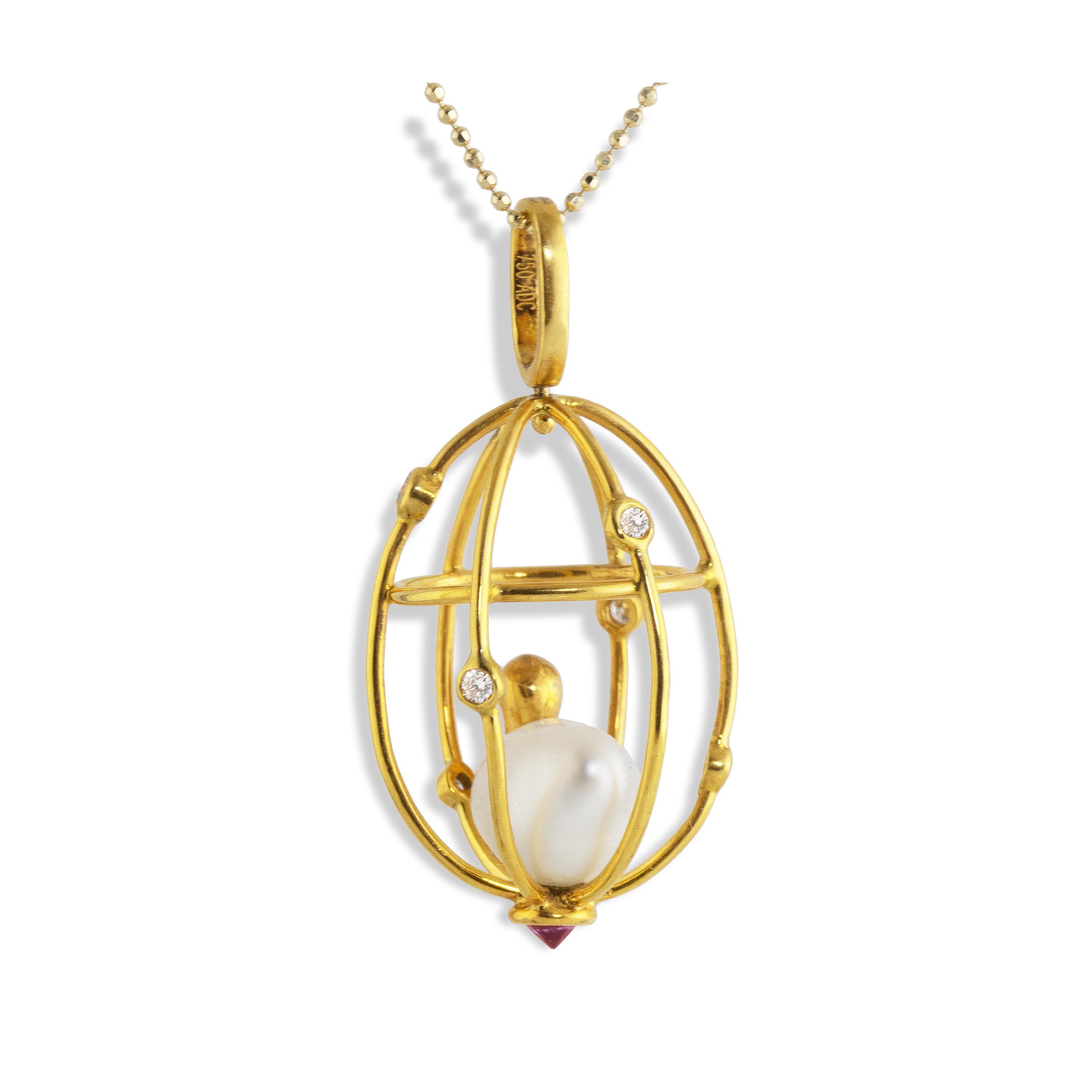 Contemporary Ico & the Bird Baroque Pearl, Ruby, Diamonds 'Caged Bird' 18k Gold Pendant