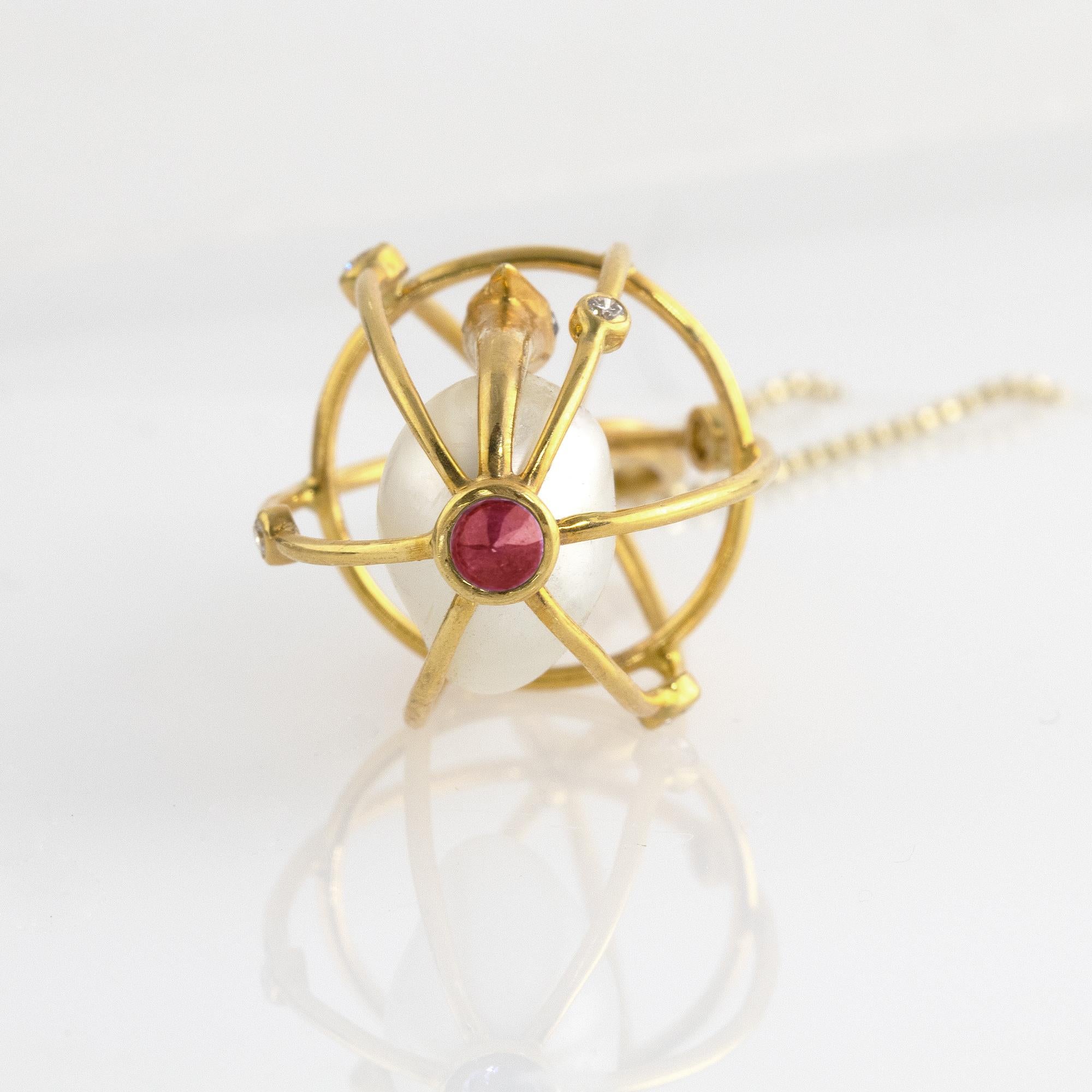 Brilliant Cut Ico & the Bird Baroque Pearl, Ruby, Diamonds 'Caged Bird' 18k Gold Pendant