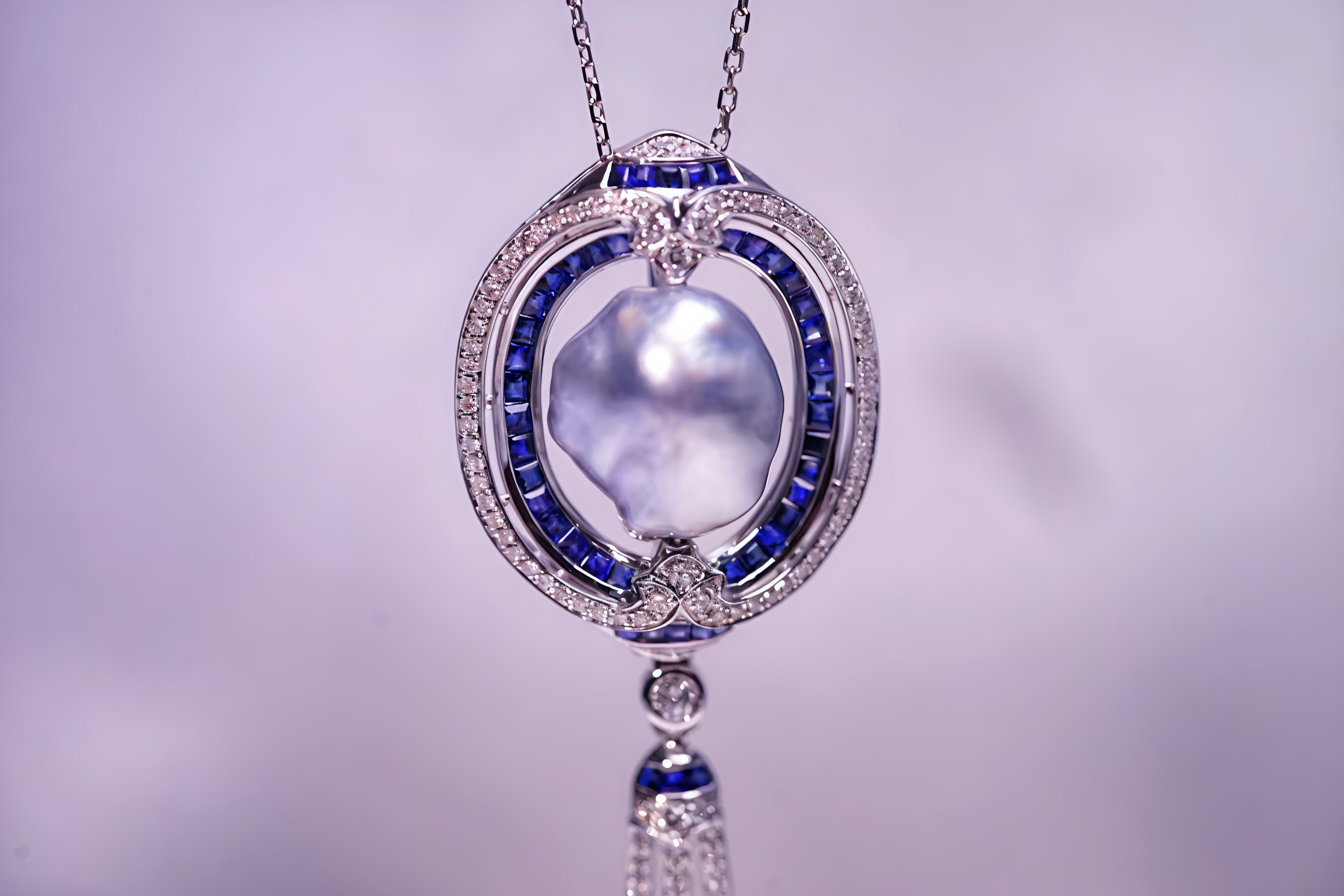 Modern 6.93 Carat Pearl Vivid Blue Sapphire and Diamond Pendant/Brooch For Sale