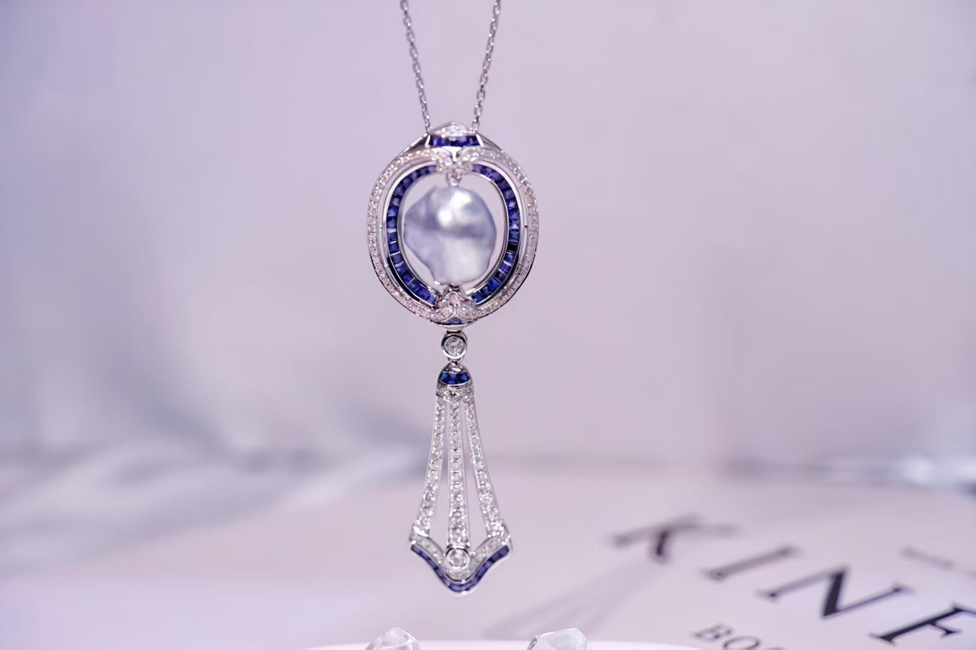 Asscher Cut 6.93 Carat Pearl Vivid Blue Sapphire and Diamond Pendant/Brooch For Sale