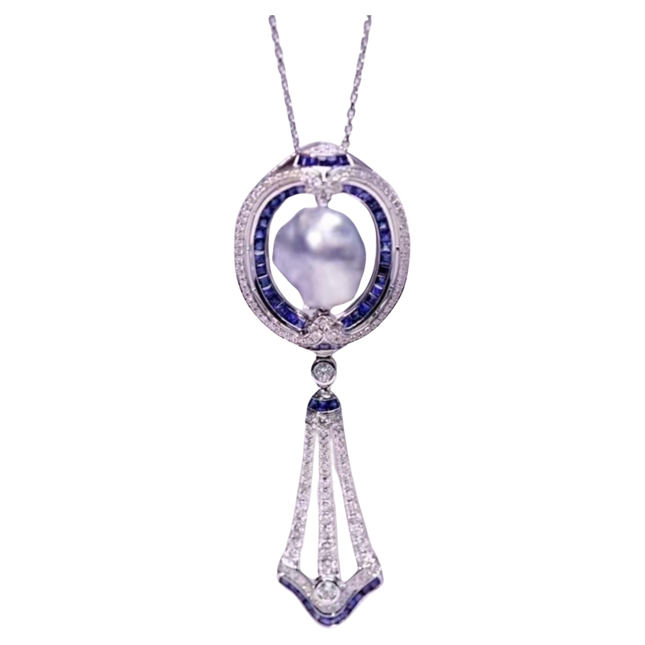 6.93 Carat Pearl Vivid Blue Sapphire and Diamond Pendant/Brooch For Sale