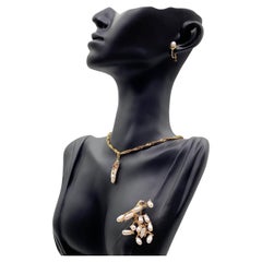 Baroque Pearl, Sapphire, Ruby Brooch, Necklace, Earrings Set in Yellow Gold